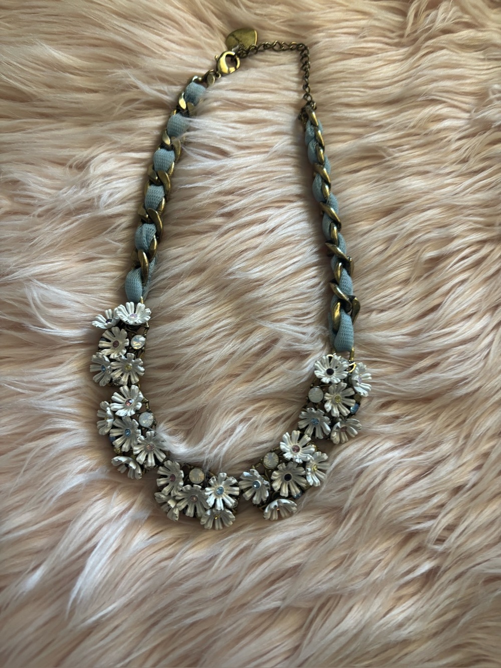 Silver Floral Statement Necklace with Blue Ribbon